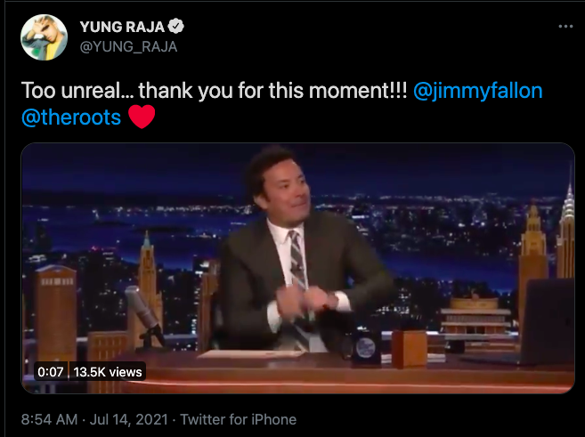 Yung Raja thrilled that “Tonight Show” played "Mami" even if Jimmy Fallon playfully showed little love