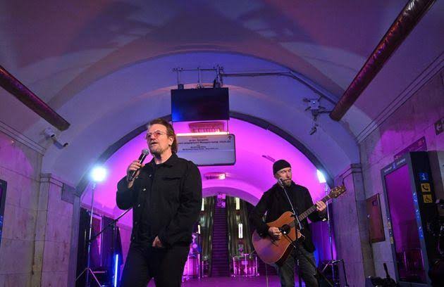 U2’s Bono performs at subway station in Kyiv