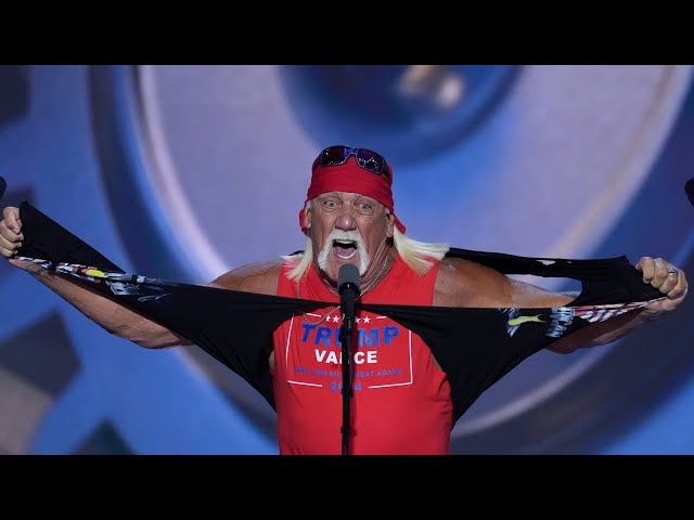 Hulk Hogan makes a big show ripping off his shirt, calls Trump ‘his hero’